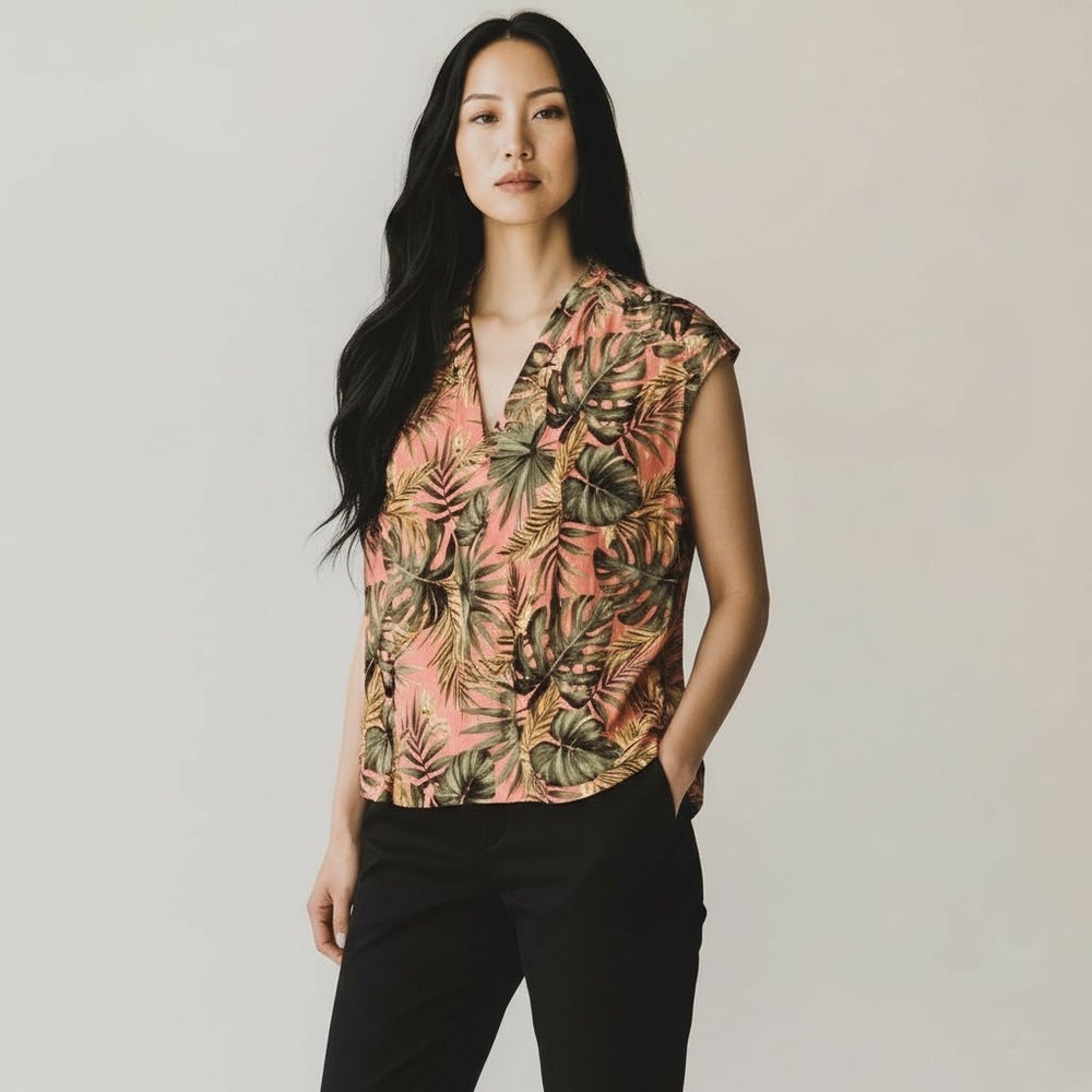 Maison d’Amelie Tropical Print Cap Sleeve Blouse